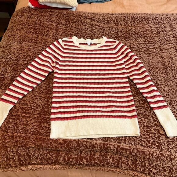 Nordstrom Red Breton Stripe Distressed Cropped Ribbed Sweater, M. French Girl - Picture 10 of 12